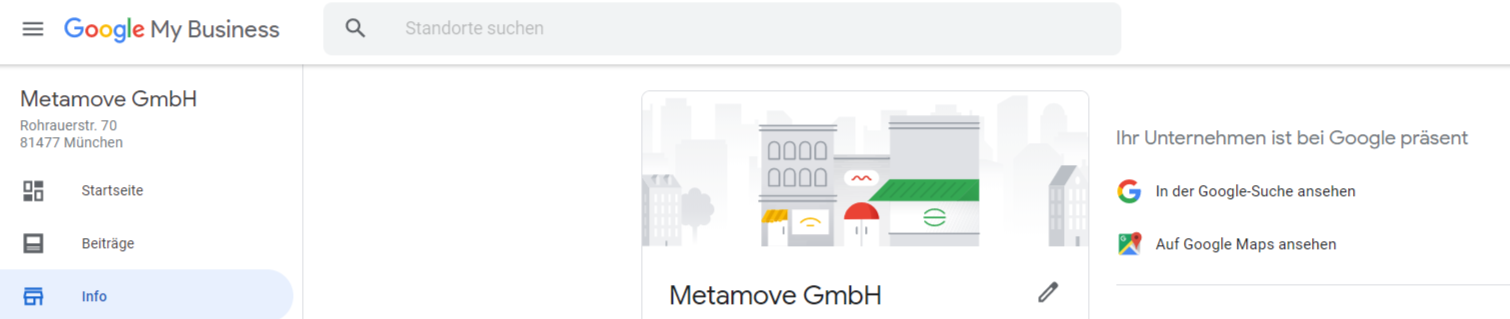 Die Kerndaten des Unternehmens werden im Infofeld des Google My Business Kontos eingetragen.