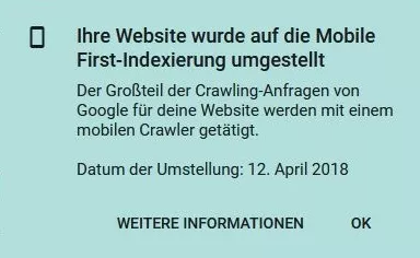 In der Google Search Console gibt Google bzgl. der Mobile First Indizierung folgende Fehlermeldung aus.